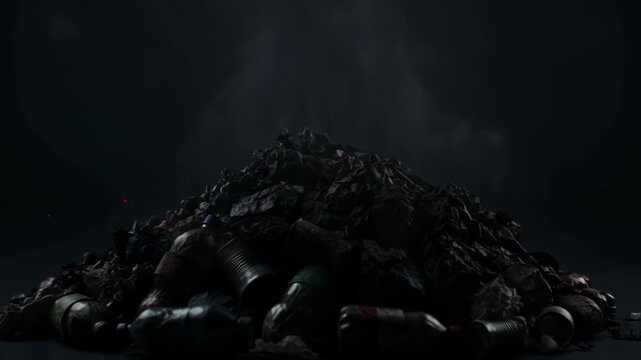 Dark pile of coal-like stones under dim lighting with rough texture and moody atmosphere.