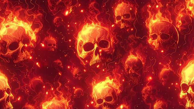 Burning skulls on fire pattern background.