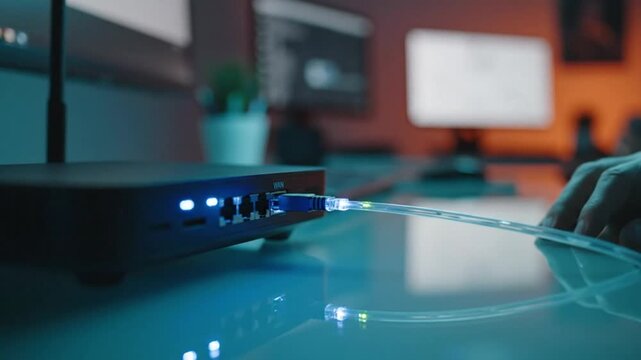 Hands Adjusting Blue Lighting Turntable Cable On Studio Equipment.