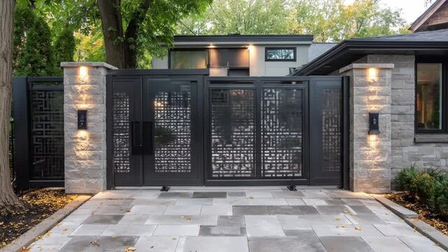 Modern entryway gates with lighting and stone pillars