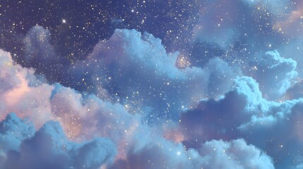 Fototapeta premium Dreamy Night Sky with Fluffy Clouds and Sparkling Stars.