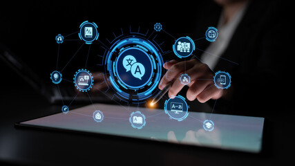 Translation icons show international languages, interpretation, and communication. Translation helps global business, translation supports learning, and translation improves cultural exchange. Entice