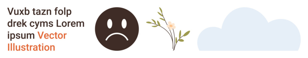 Fototapeta premium Emotional wellness, sadness, mental health, emotional support, minimalism, graphic design. Sad face emoticon next to a floral branch and cloud. Emotional wellness and sadness