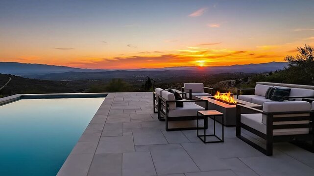 cinematic panning shot from an infinity pool on a luxurious patio, across modern outdoor furniture, to a breathtaking sunset over a landscape