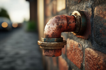 Rusty metal pipe on brick wall in urban setting with blurred background