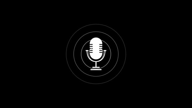 Minimalist Studio Microphone Icon with Circular Audio Waves on Black Background for Podcast, Radio, and Sound Recording Design
