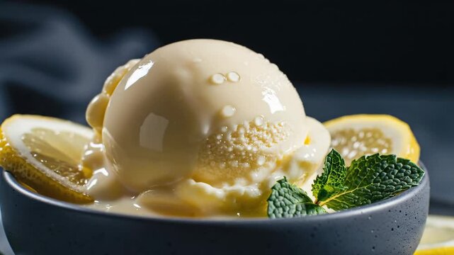 Sweet refreshing lemon sorbet scoop with vibrant green mint leaves and bright yellow citrus slices