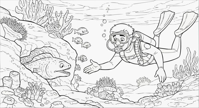 Coloring book for kids - A scuba diver amiably holds out his hand to a timid moray eel peeking out of a crevice in the reef