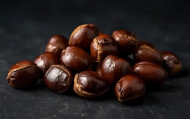 Fototapeta premium Fresh chestnuts arranged on dark surface with natural texture and rich brown color, ideal for seasonal food, organic ingredients, and rustic culinary themes