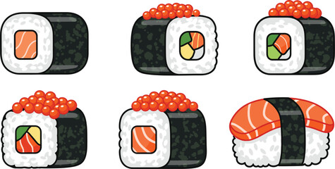 Sushi Roll Collection Set with Salmon and Caviar Isolated on White Background Flat Vector Illustration © Abdul