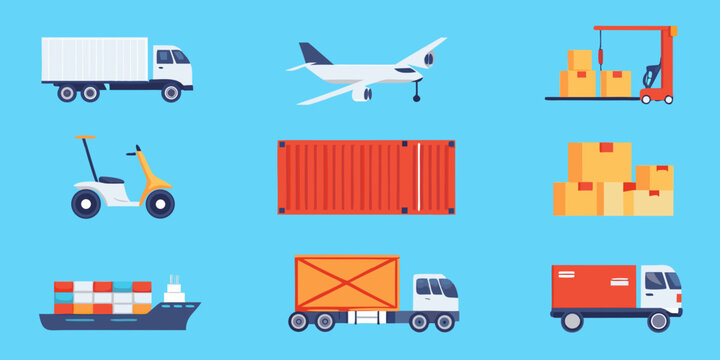 Various modes of transportation and logistics elements in a flat design