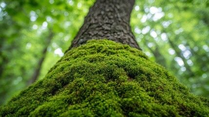 Fototapeta premium Lush green moss covers a tree trunk in a forest