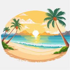 Obraz premium A serene tropical beach paradise features a sun-drenched seascape with coconut palm trees over white sand and turquoise ocean water under a clear summer sky for a perfect Caribbean resort vacation