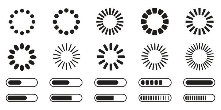 Loading icon set, including load circle icons, download indicator signs, progress loading bars, upload symbols, and vector loader illustrations