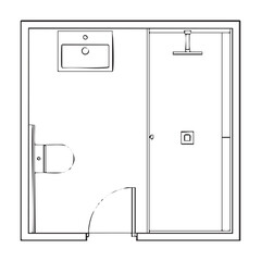 Black and white bathroom floor plan with sink toilet and shower