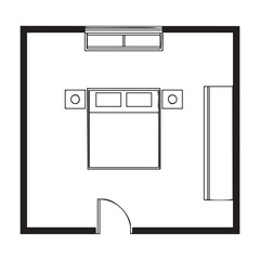 Black and white bedroom floor plan with bed wardrobe and window