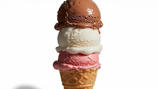 Three different flavored scoops of delicious frozen ice cream stacked on a crisp waffle cone