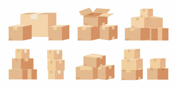 Stacked cardboard boxes in various arrangements illustrating packaging and storage