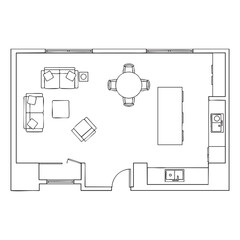 Floor plan of a living room with furniture and appliances layout sofa table
