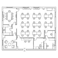 Office floor plan with desks chairs and meeting room layout