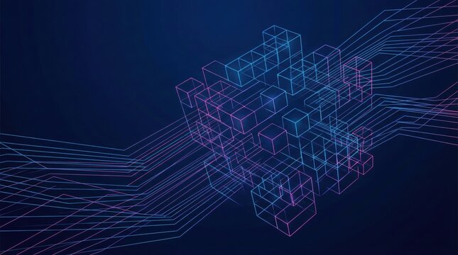 Futuristic 3D wireframe cube cluster with neon lines on dark background,digital technology concept,perfect for blockchain,data or AI visuals