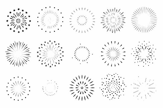 Collection of abstract circular firework or explosion designs in black and white