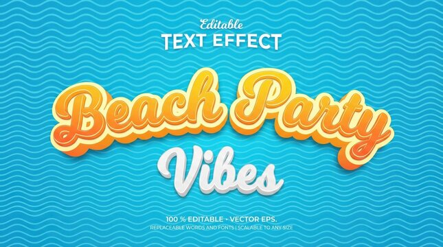Editable beach party vibes text effect with colorful typography on wavy ocean background,summertime fun and tropical holiday design