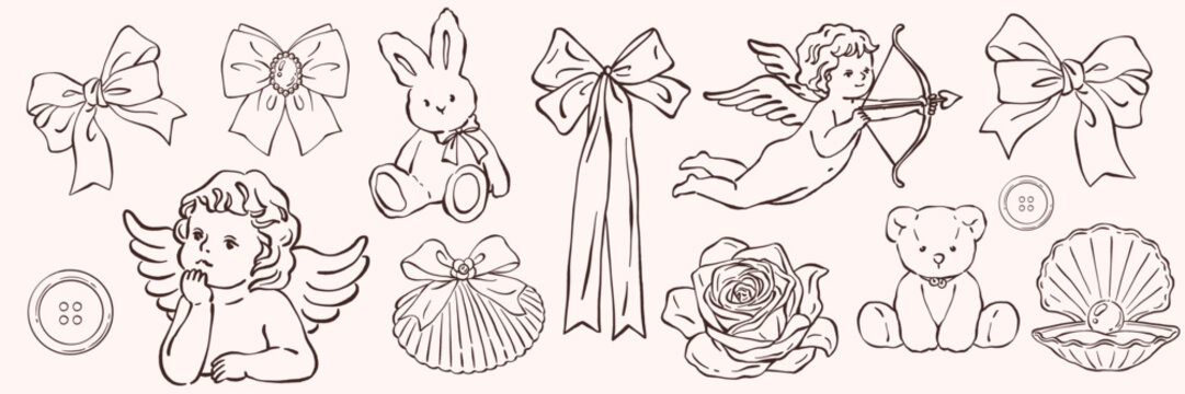Cute line art illustration set featuring cupid, teddy bear, rabbit, seashell with pearl, ribbon, button, and rose.