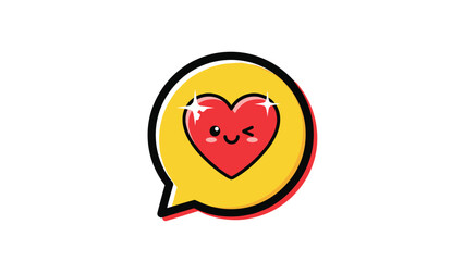 Charming red heart icon with a winking face and sparkling accents encased in a bright yellow speech bubble for social messaging.