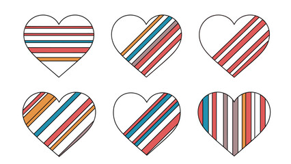Obraz premium Selection of six hearts featuring various colorful striped patterns including vertical horizontal and diagonal arrangements.