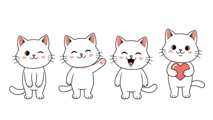 Obraz premium Four cute white cartoon cats in playful poses including winking waving laughing and holding a red heart for decoration.