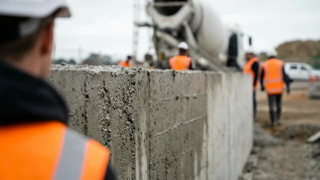 Workers in safety vests pour concrete into wall molds on a construction site. Equipment and materials are present, showcasing an active construction scene