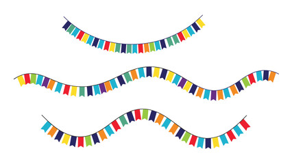 Obraz premium Three rows of small and colorful bunting flags hanging on strings against a plain white background for festive and joyful use.