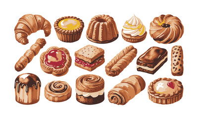 Bakery Dessert Illustration Set With Croissant And Cake vector illustration, easily editable.