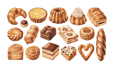 Assorted Bakery Pastries Collection Isolated On White Background vector illustration, easily editable.