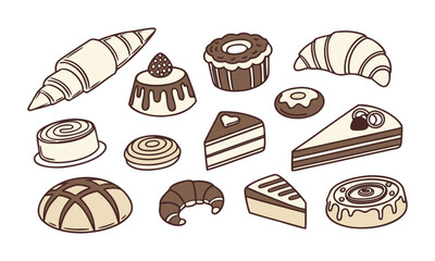 Sweet Pastry And Bread Collection Vector Illustration, easily editable.