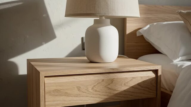 Light wood nightstand with white lamp and shadows from natural window light in a bedroom