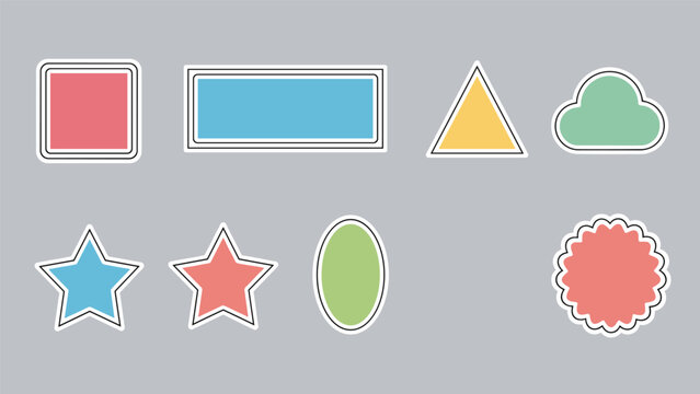 Set of geometric shape stickers with double borders in various colors like red, blue, yellow, and green on a neutral gray field.