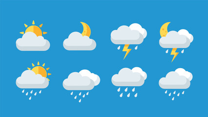 Fototapeta premium Grid of simple weather icons showing sunny cloudy rainy and stormy conditions on a solid blue background for forecast.