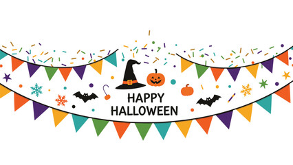 Fototapeta premium Festive Halloween banner with colorful bunting flags pumpkins bats a witch hat and the words Happy Halloween.