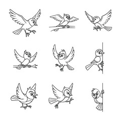 Black And White Line Drawings Of Birds Flying Perching And Holding Branch In Various Poses