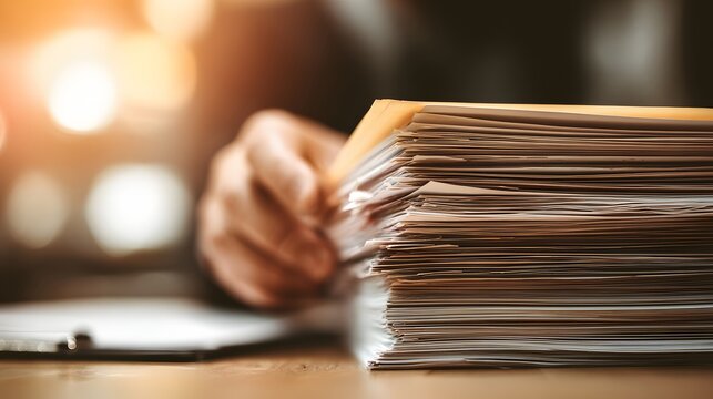 Close up of a persons hand reaching for a stack of documents on a wooden desk, with a blurred background.