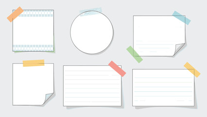 Collection of blank white sticky notes and index cards in different shapes attached with pieces of colorful decorative washi tape.