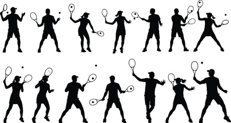 Obraz premium Vector Illustration Set of Male and Female Tennis Player Silhouettes in Action for Sports Competition Fitness Training Athletic Performance and Professional Graphic Designs