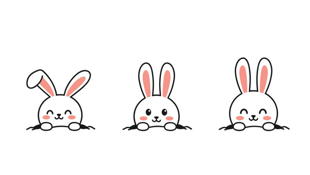 Adorable white rabbit characters peeking out from dark holes with different ear positions and happy blushing faces in a row.