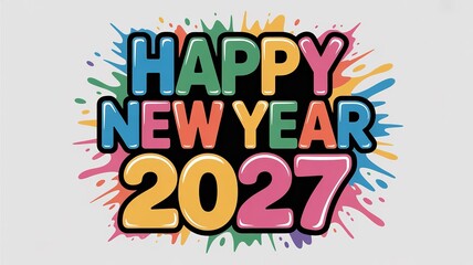 Obraz premium Vibrant 2027 New Year Celebration Graphic with Bold Typography and Colorful Splashes Perfect for Festive Greetings and Party Invitations