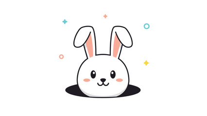 Obraz premium Adorable white bunny head popping out of a black hole surrounded by colorful stars and dots creates a whimsical nursery illustration.