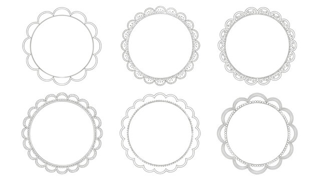 Collection of six circular frames featuring scalloped edges and various dotted line patterns for simple and clean designs.