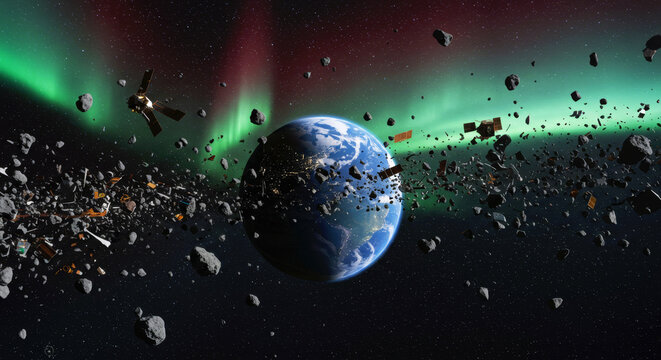 Earth surrounded by space debris and satellites with aurora borealis in the background. Space junk problem and orbit pollution for environmental concept.