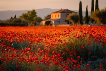 Scarlet poppy field glowing in the golden hour, rustic farmhouse in the distance, warm countryside charm